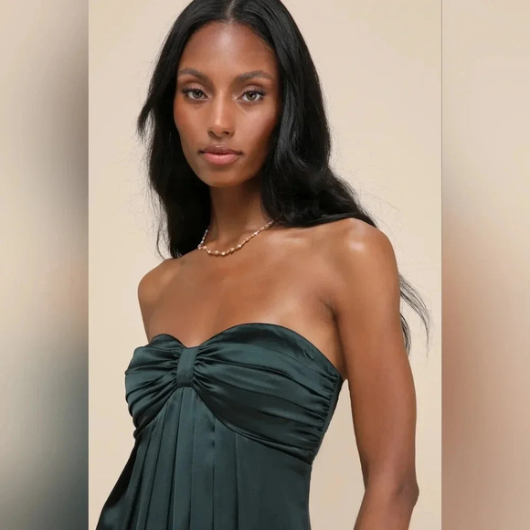 Lulus Memorable Entrance Emerald Green Strapless Satin Maxi Dress S Wedding - Picture 4 of 11